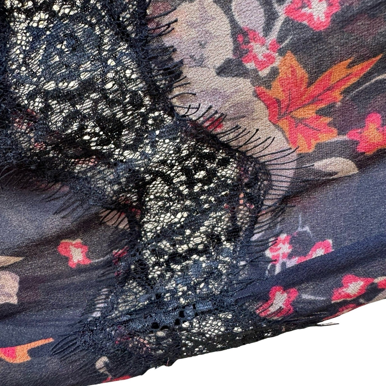 Zara Woman Boho Dark Floral Sheer Lace Smocked High Neck Balloon Sleeve Blouse