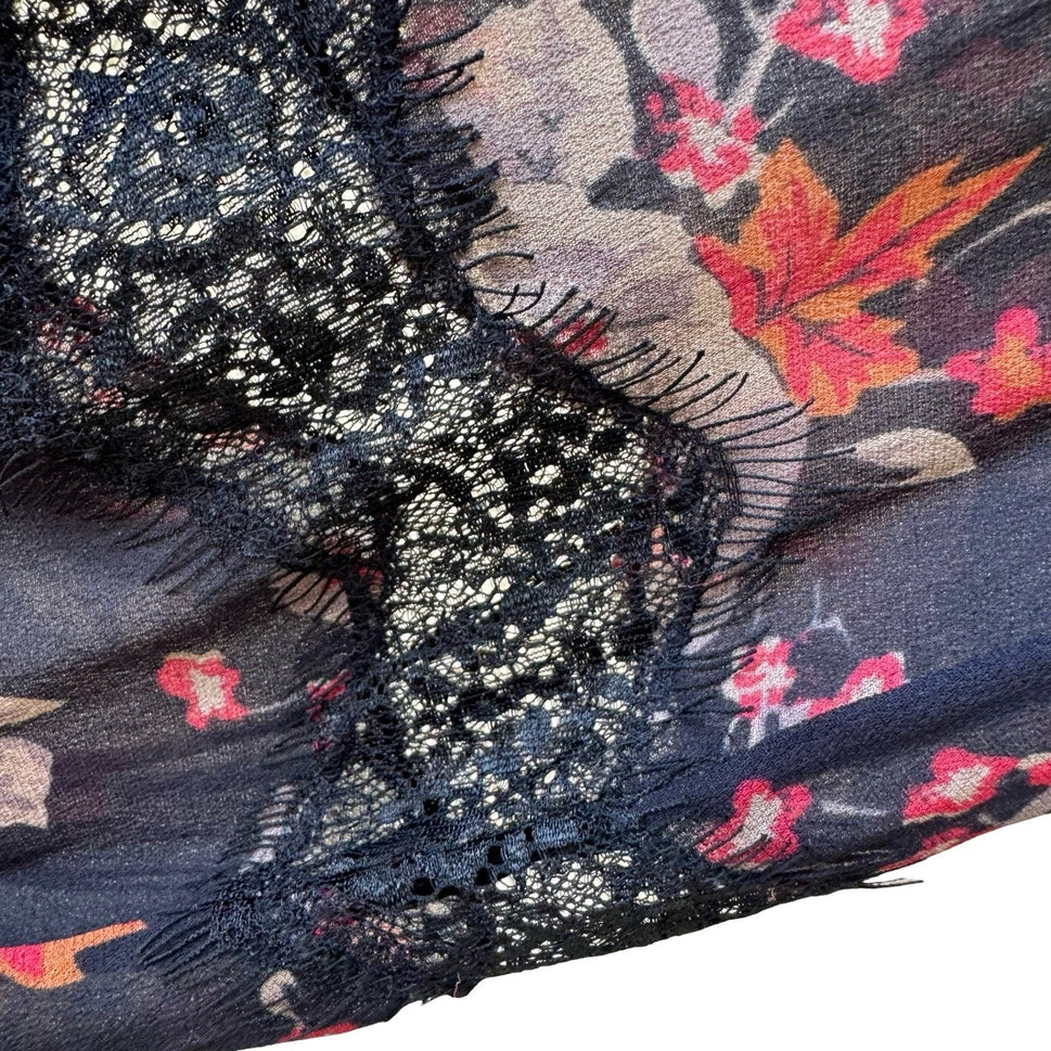 Zara Woman Boho Dark Floral Sheer Lace Smocked High Neck Balloon Sleeve Blouse