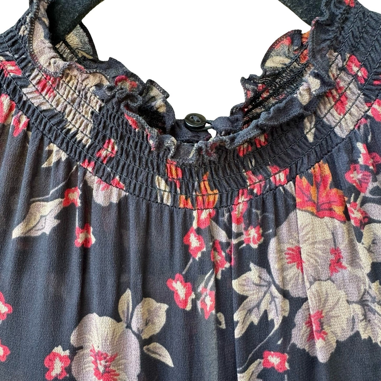 Zara Woman Boho Dark Floral Sheer Lace Smocked High Neck Balloon Sleeve Blouse
