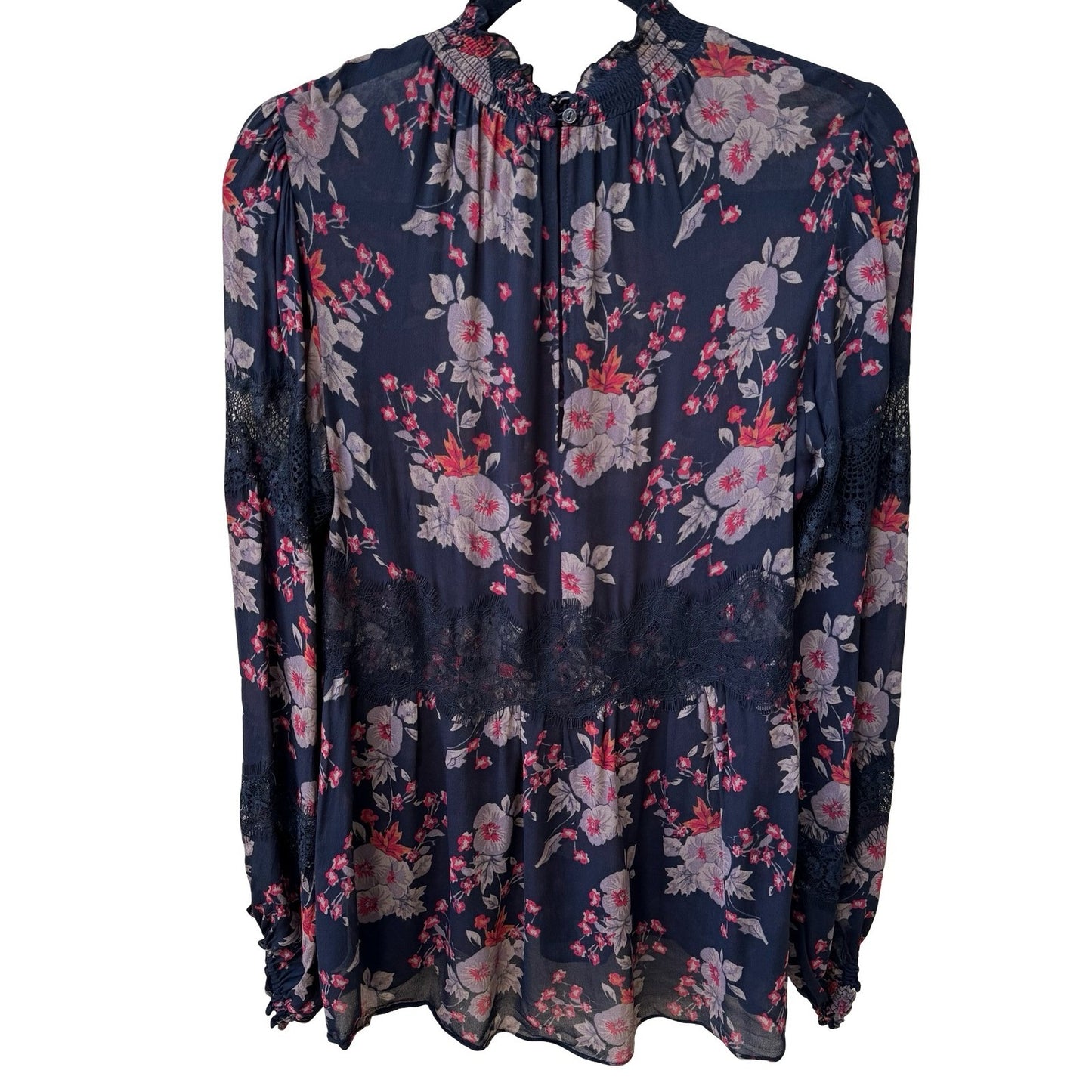 Zara Woman Boho Dark Floral Sheer Lace Smocked High Neck Balloon Sleeve Blouse