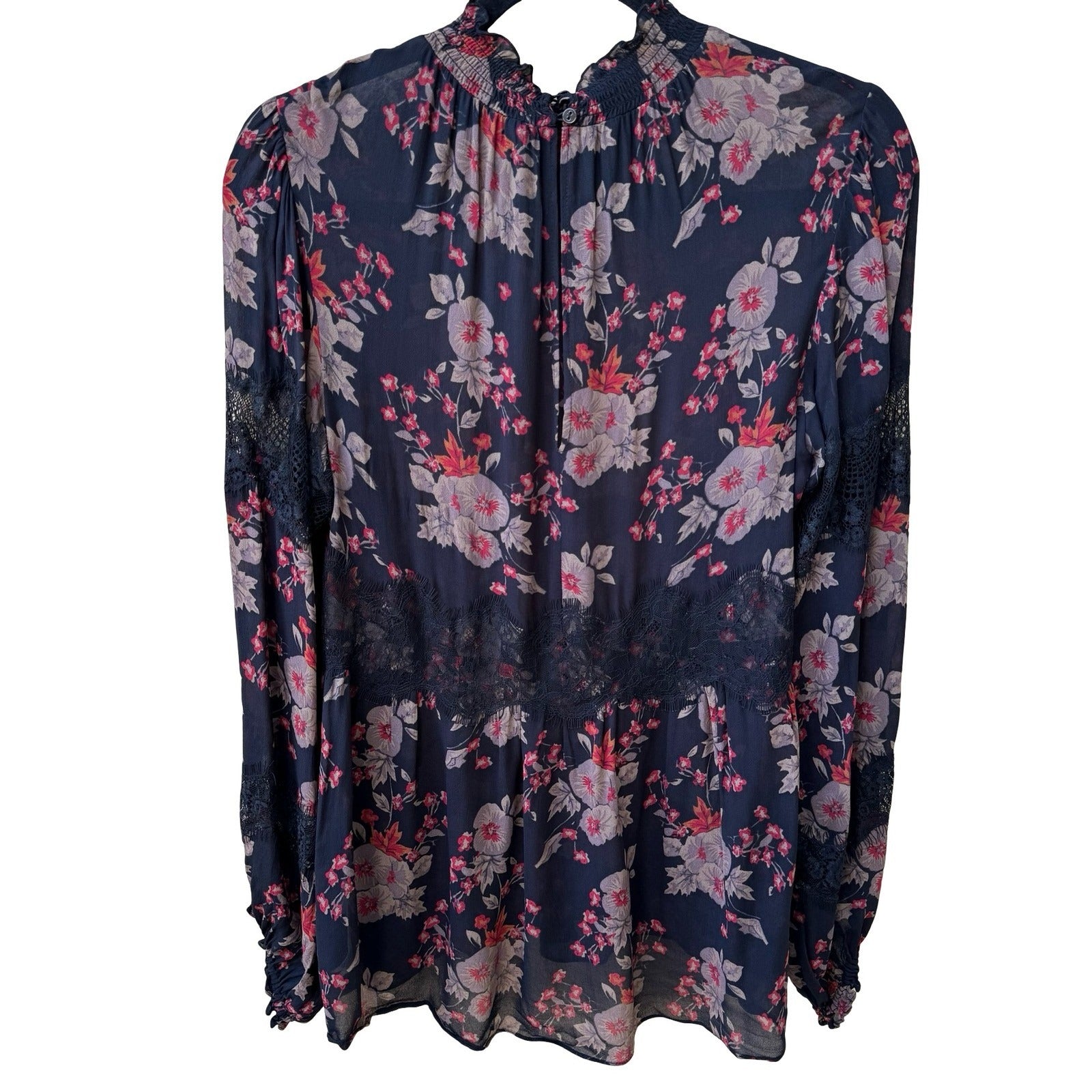 Zara Woman Boho Dark Floral Sheer Lace Smocked High Neck Balloon Sleeve Blouse