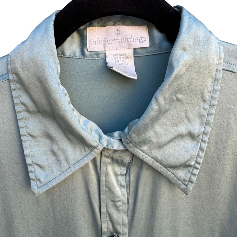 Soft Surroundings Womens Silk Pearlized Button Long Sleeve Mint Shirt Blouse L