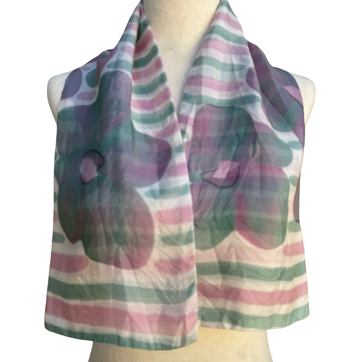 Vintage Made in France Sheer Silk Scarf Watercolor Floral Striped Pink Green
