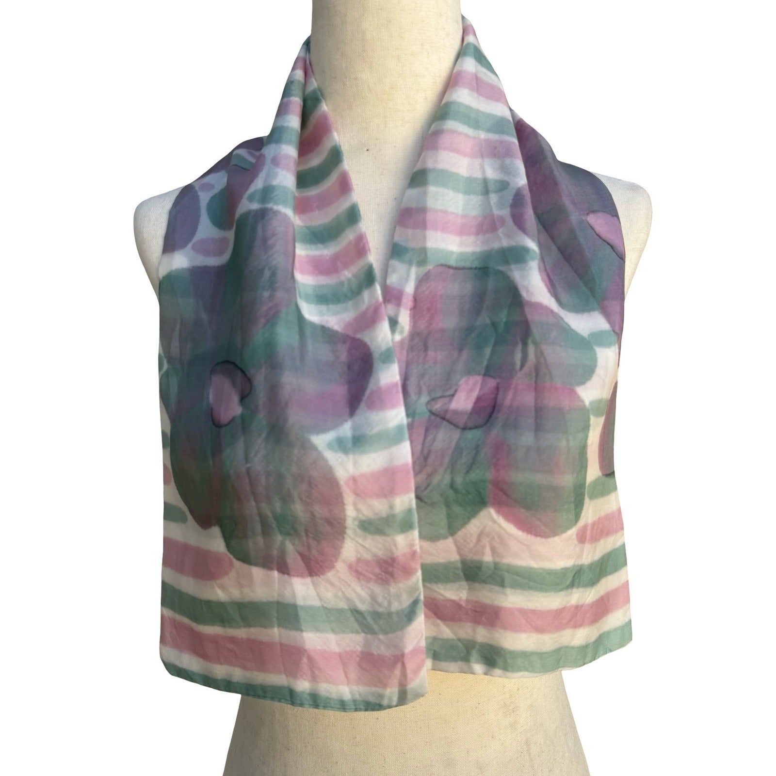 Vintage Made in France Sheer Silk Scarf Watercolor Floral Striped Pink Green