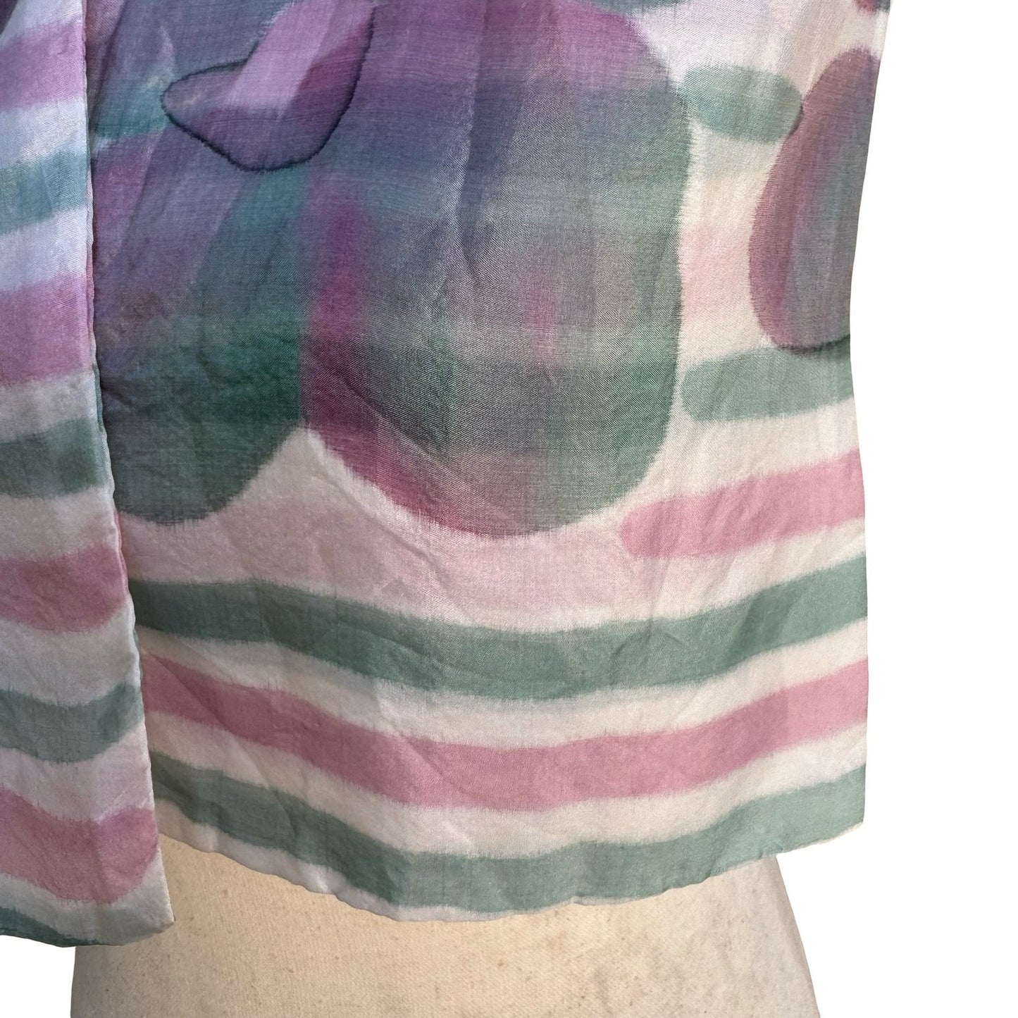 Vintage Made in France Sheer Silk Scarf Watercolor Floral Striped Pink Green