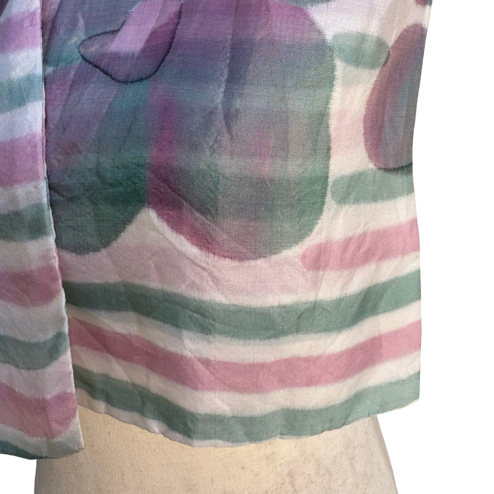 Vintage Made in France Sheer Silk Scarf Watercolor Floral Striped Pink Green