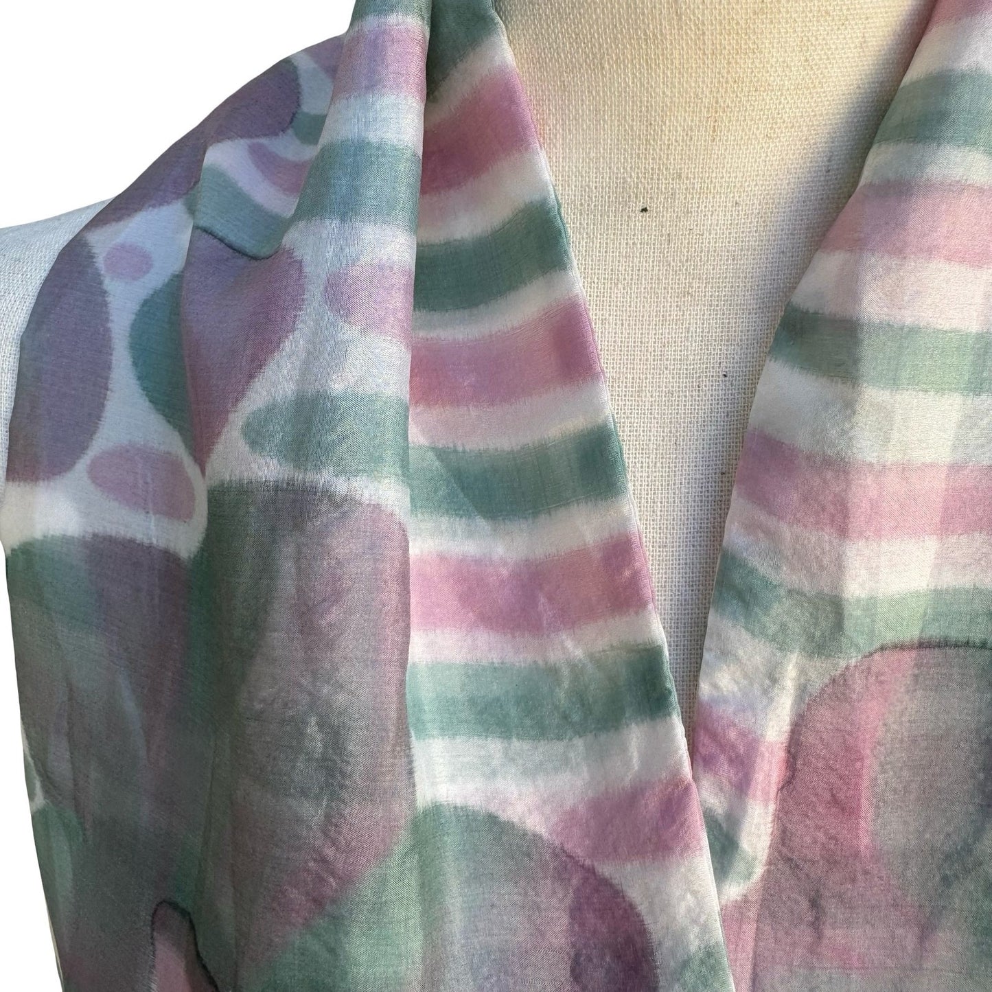 Vintage Made in France Sheer Silk Scarf Watercolor Floral Striped Pink Green