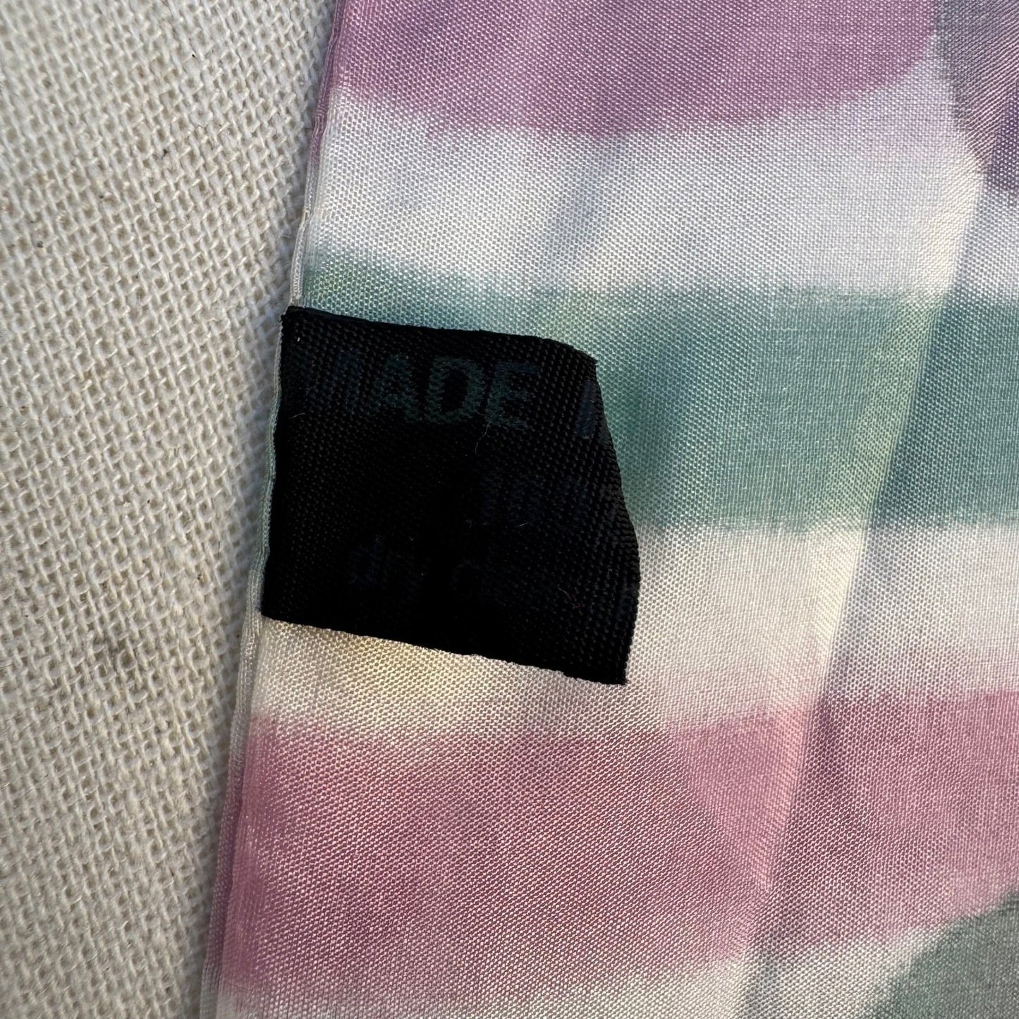 Vintage Made in France Sheer Silk Scarf Watercolor Floral Striped Pink Green