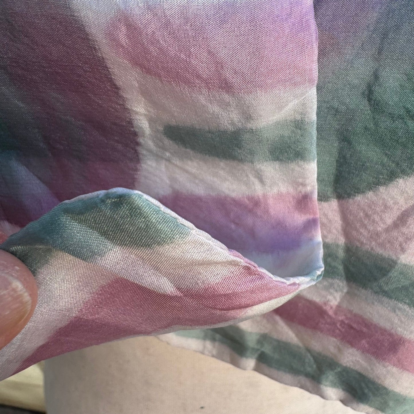Vintage Made in France Sheer Silk Scarf Watercolor Floral Striped Pink Green