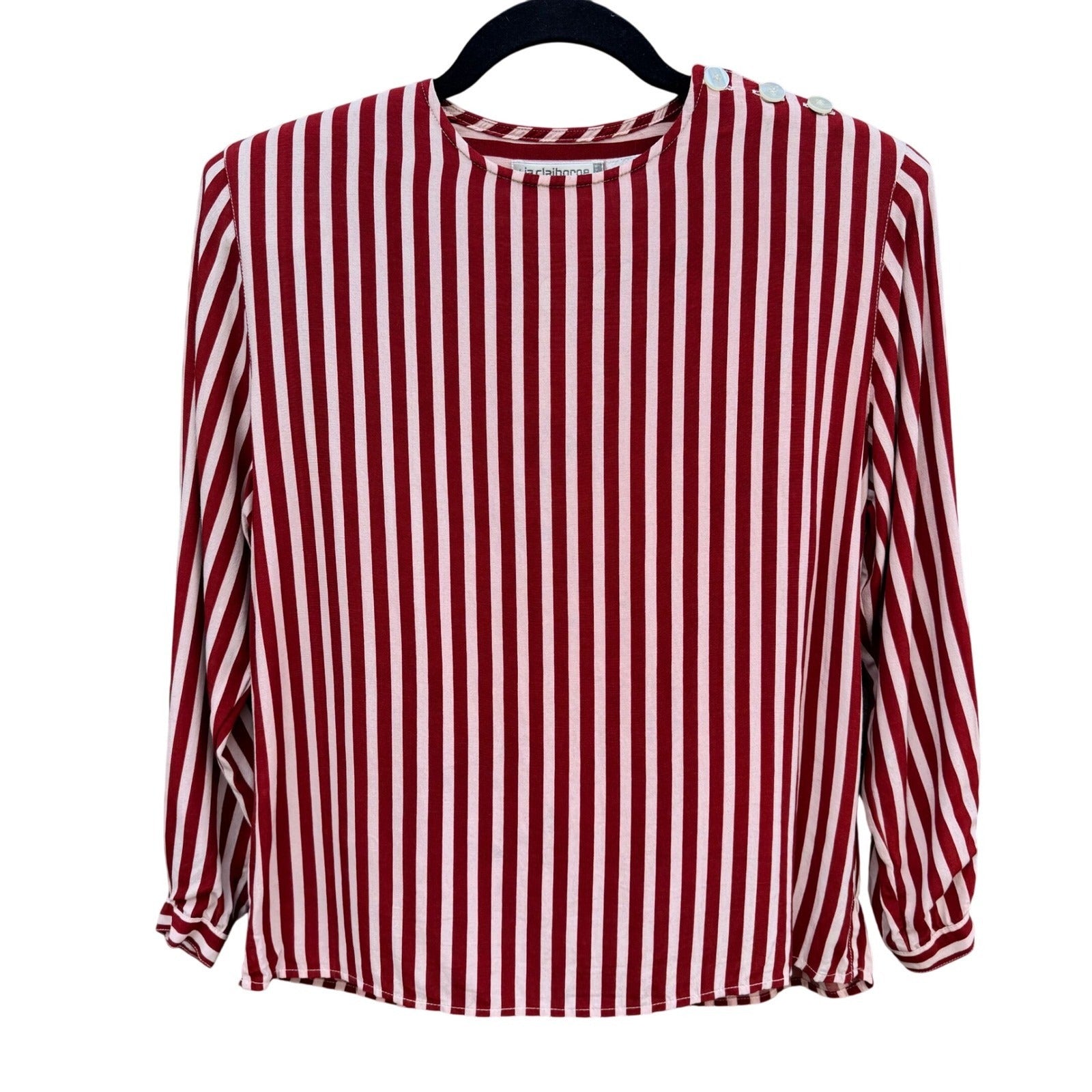 Liz Claiborne Vintage Red Pink Striped Button Shoulder Blouse Womens 4 Nautical