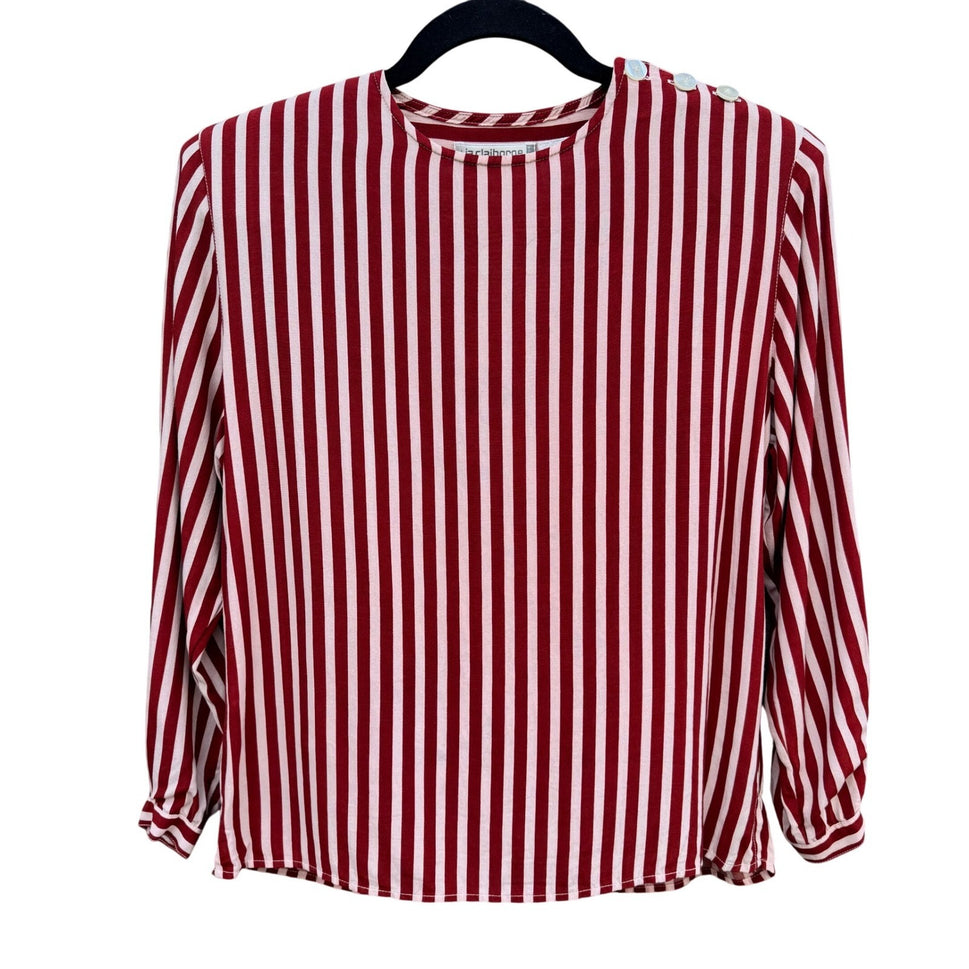 Liz Claiborne Vintage Red Pink Striped Button Shoulder Blouse Womens 4 Nautical