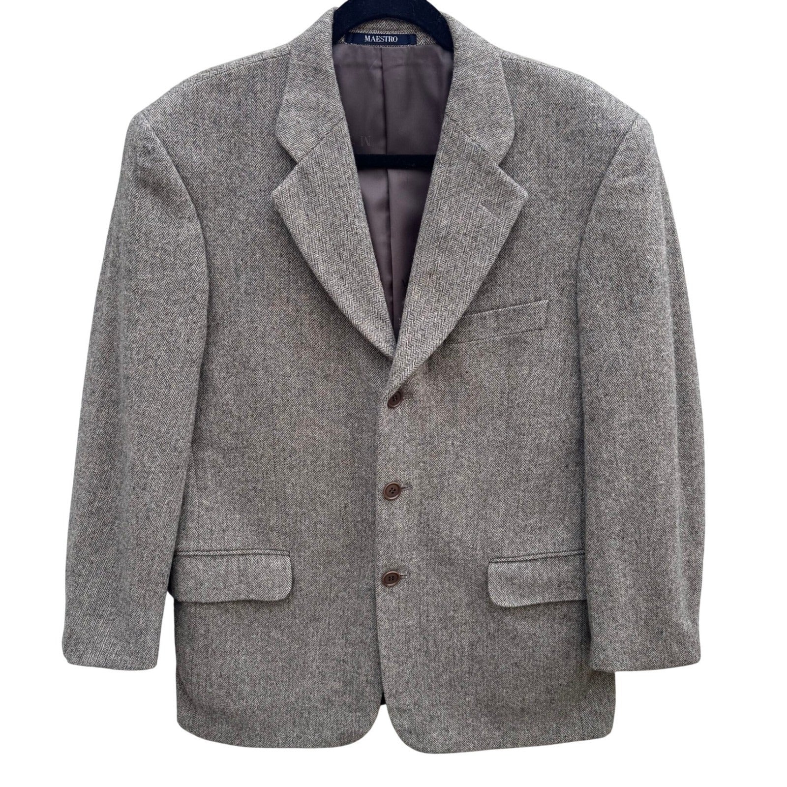 Maestro LG Fashion Mens Brown Herringbone 100% Wool 3-Button Blazer Sport Coat