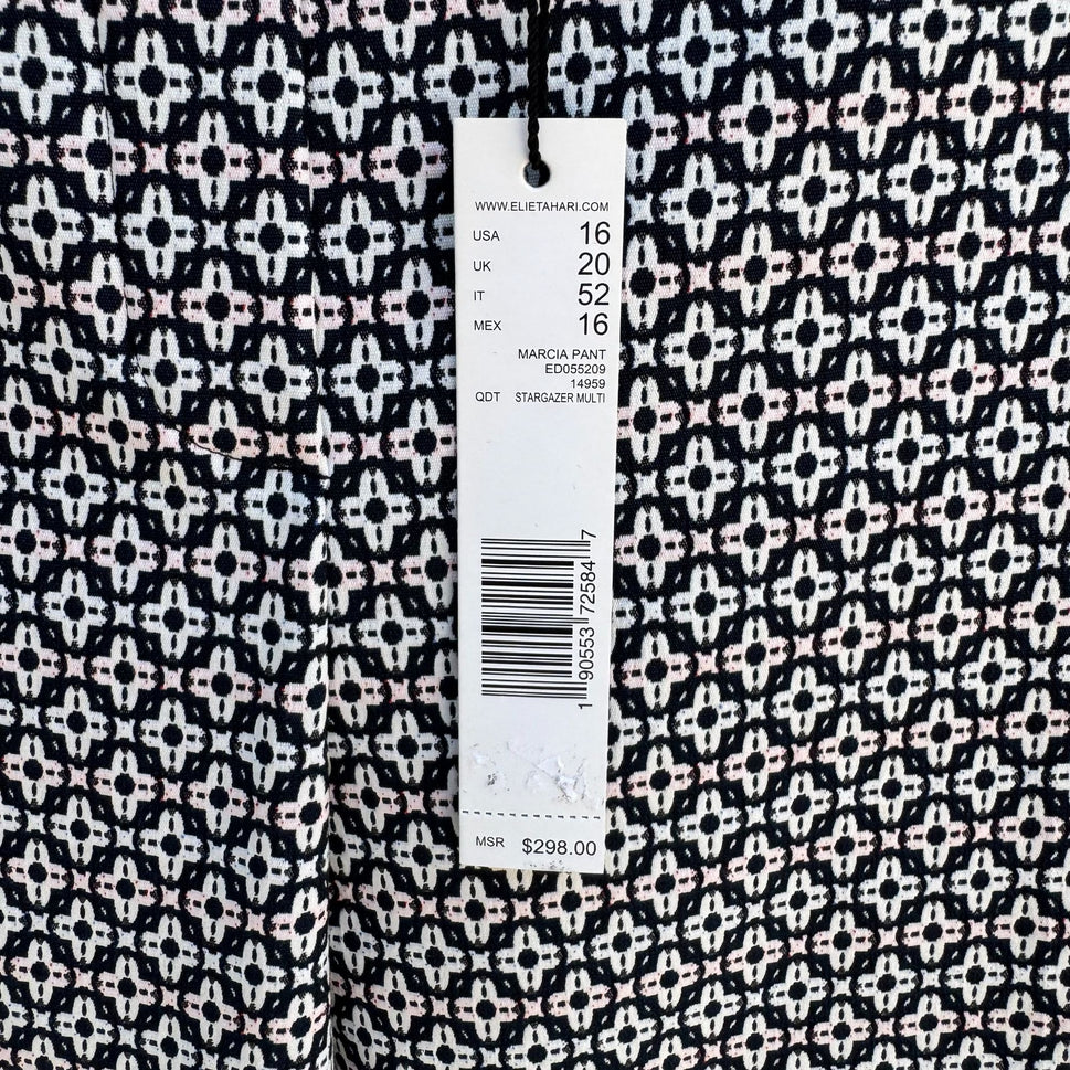 Elie Tahari Marcia Stretch Navy White Geometric Print Cuffed Dress Pants New 16