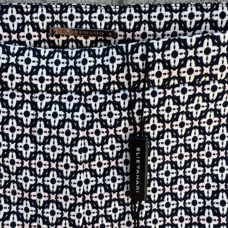 Elie Tahari Marcia Stretch Navy White Geometric Print Cuffed Dress Pants New 16