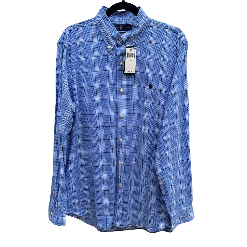 Polo Ralph Lauren Preppy Plaid Classic Fit Performance Shirt Blue Mens L NEW