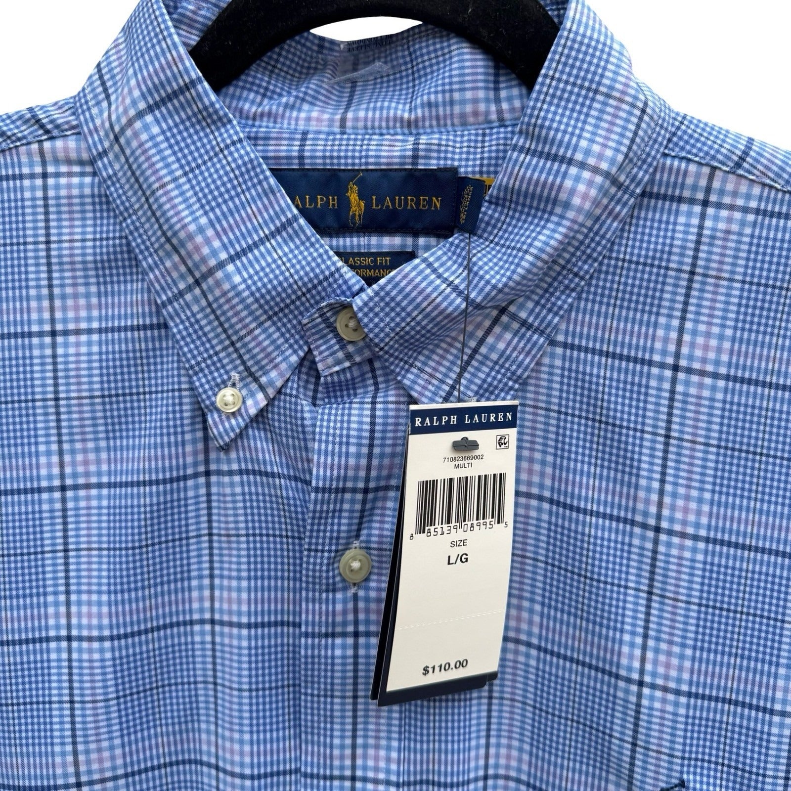 Polo Ralph Lauren Preppy Plaid Classic Fit Performance Shirt Blue Mens L NEW