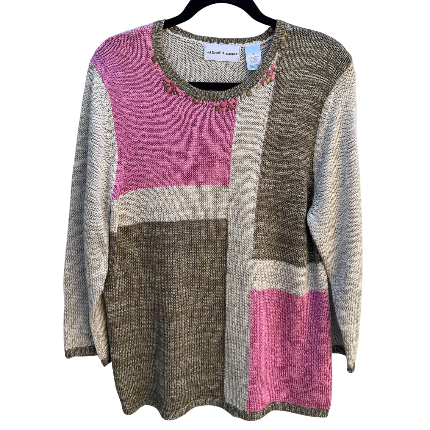 Alfred Dunner Vintage 90s Womens Beaded Neck Pink Tan Color Block Knit Sweater M