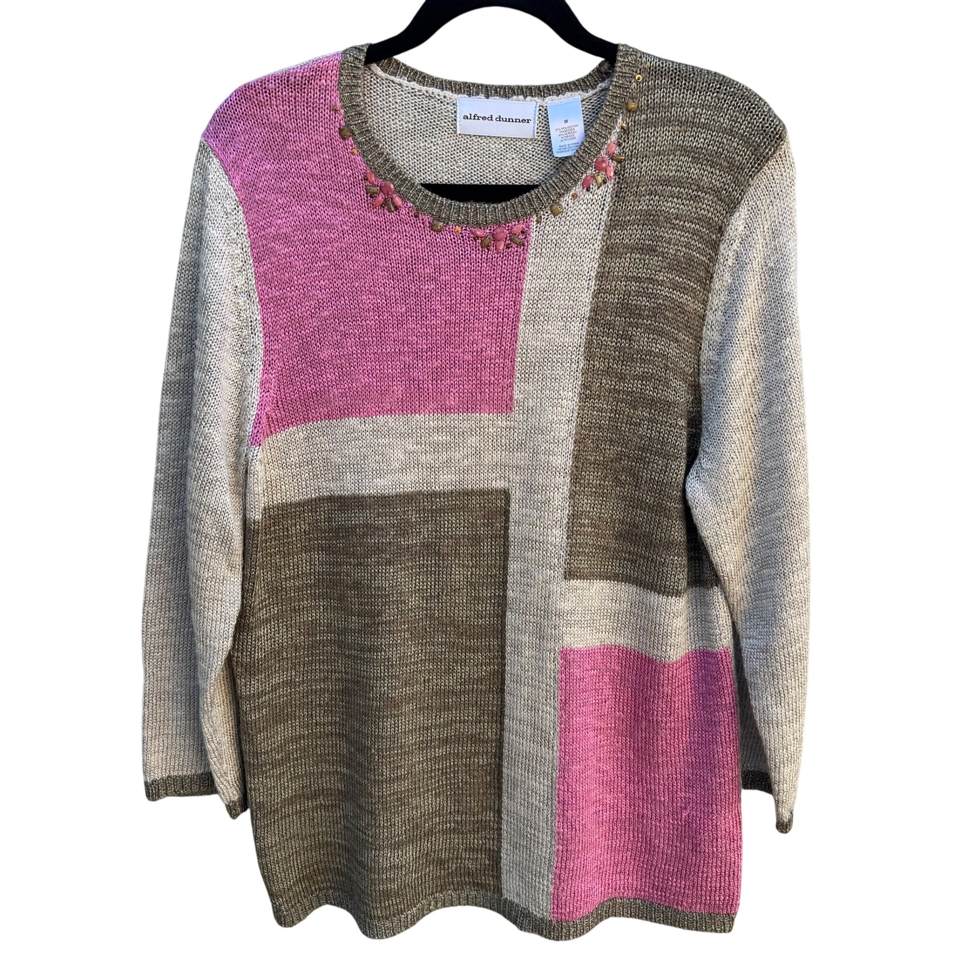 Alfred Dunner Vintage 90s Womens Beaded Neck Pink Tan Color Block Knit Sweater M