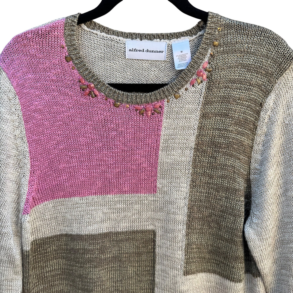 Alfred Dunner Vintage 90s Womens Beaded Neck Pink Tan Color Block Knit Sweater M