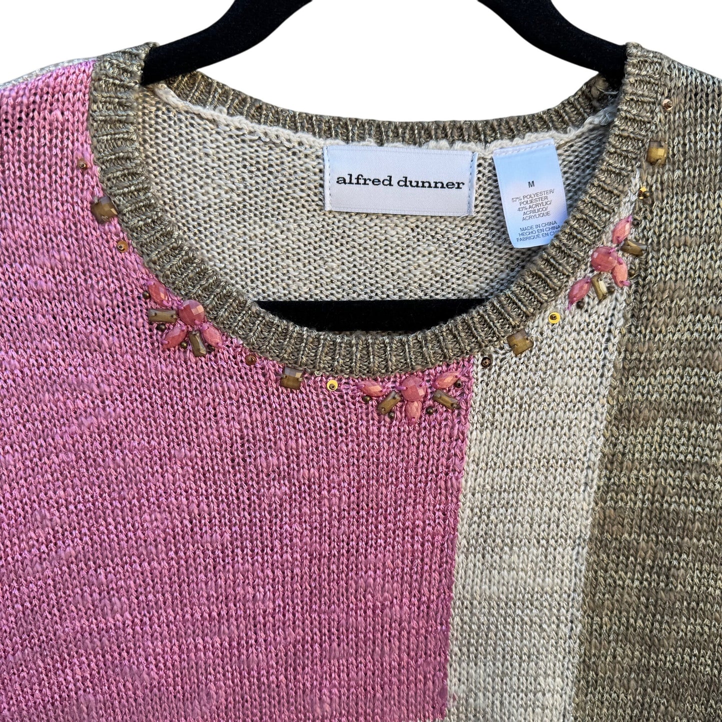 Alfred Dunner Vintage 90s Womens Beaded Neck Pink Tan Color Block Knit Sweater M