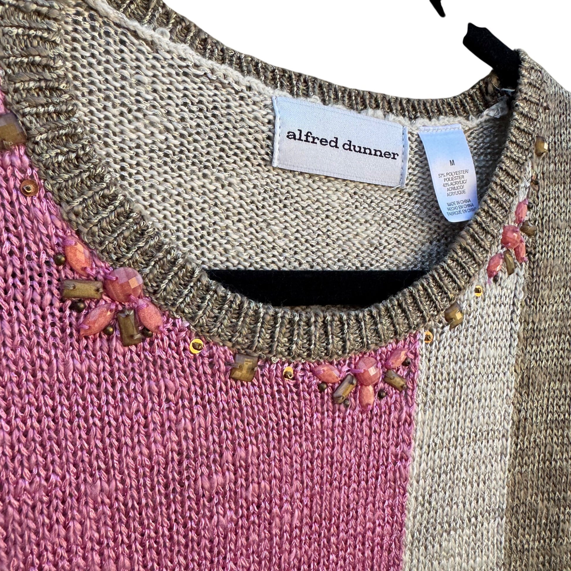 Alfred Dunner Vintage 90s Womens Beaded Neck Pink Tan Color Block Knit Sweater M