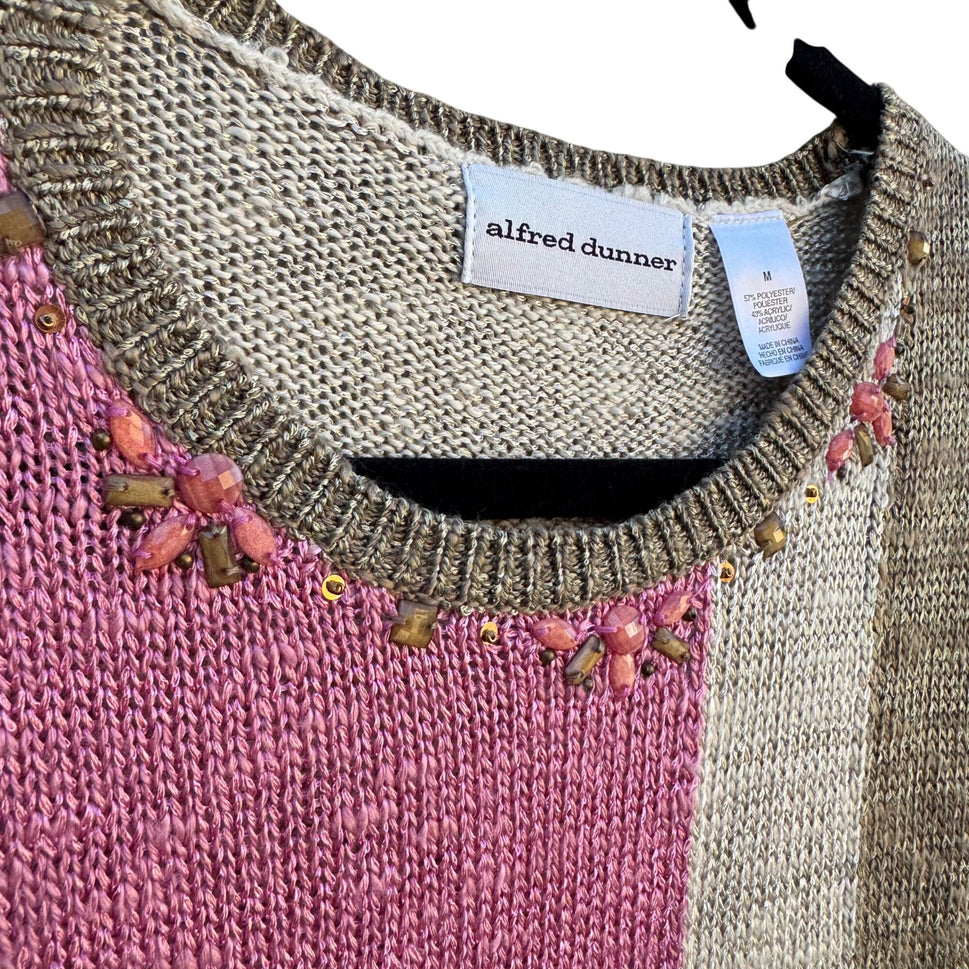 Alfred Dunner Vintage 90s Womens Beaded Neck Pink Tan Color Block Knit Sweater M