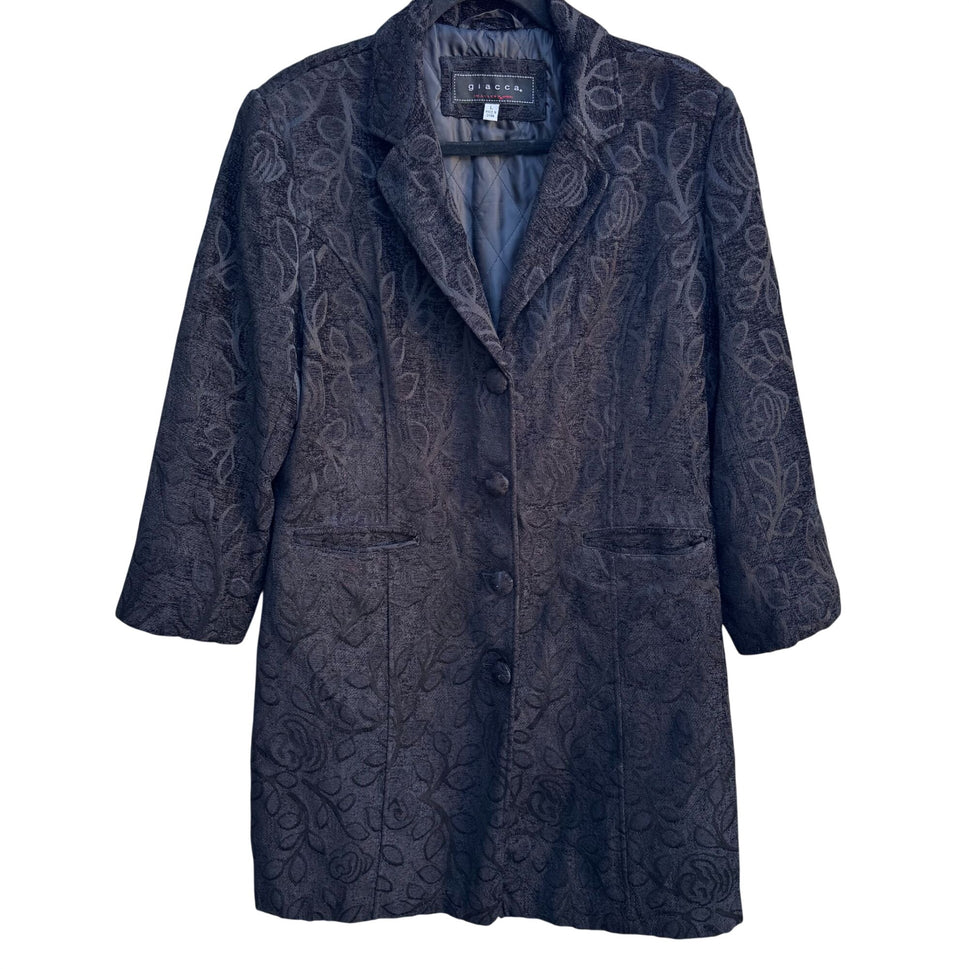 Giacca Womens Black Brocade Floral Tapestry Long Coat Jacket L Elegant Regency