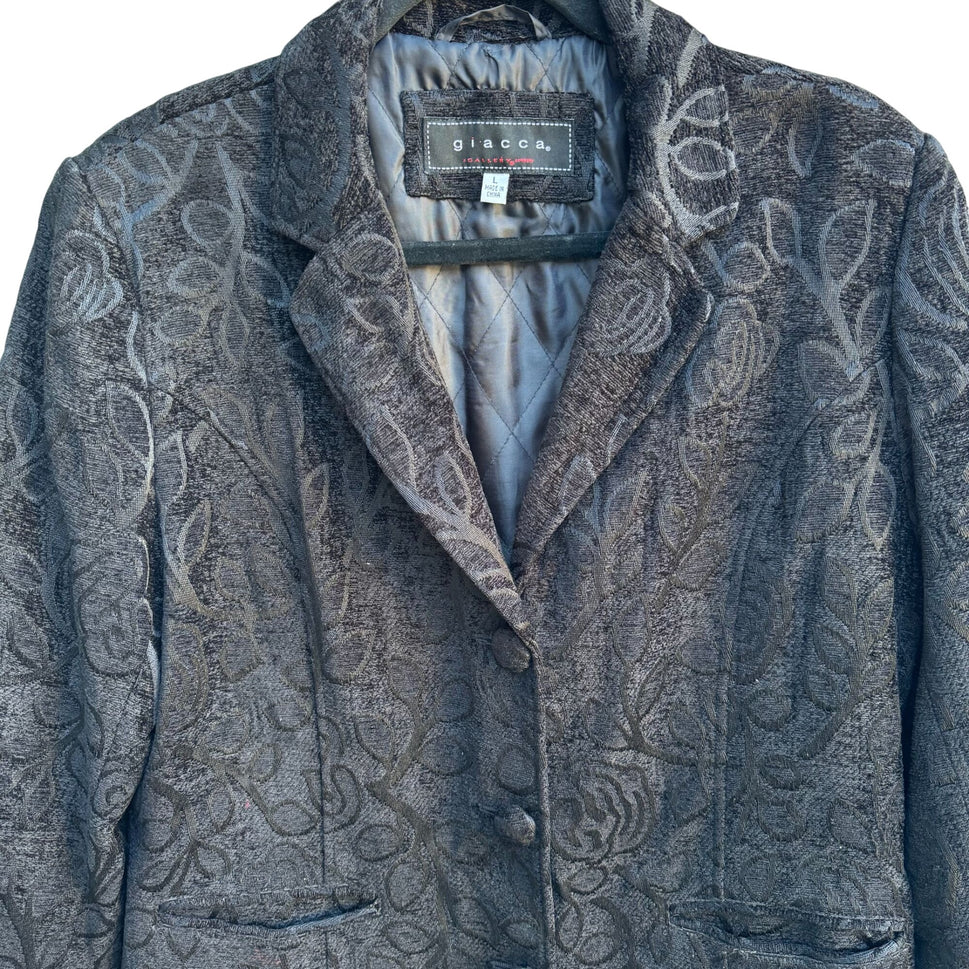 Giacca Womens Black Brocade Floral Tapestry Long Coat Jacket L Elegant Regency