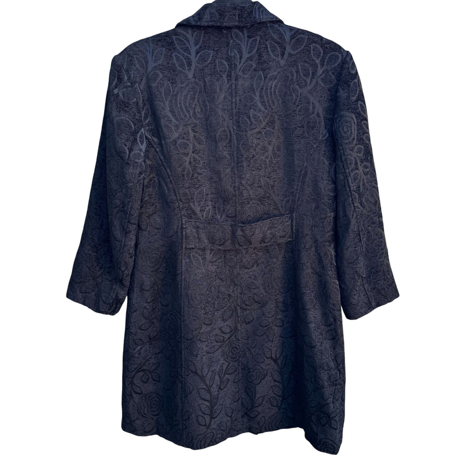 Giacca Womens Black Brocade Floral Tapestry Long Coat Jacket L Elegant Regency