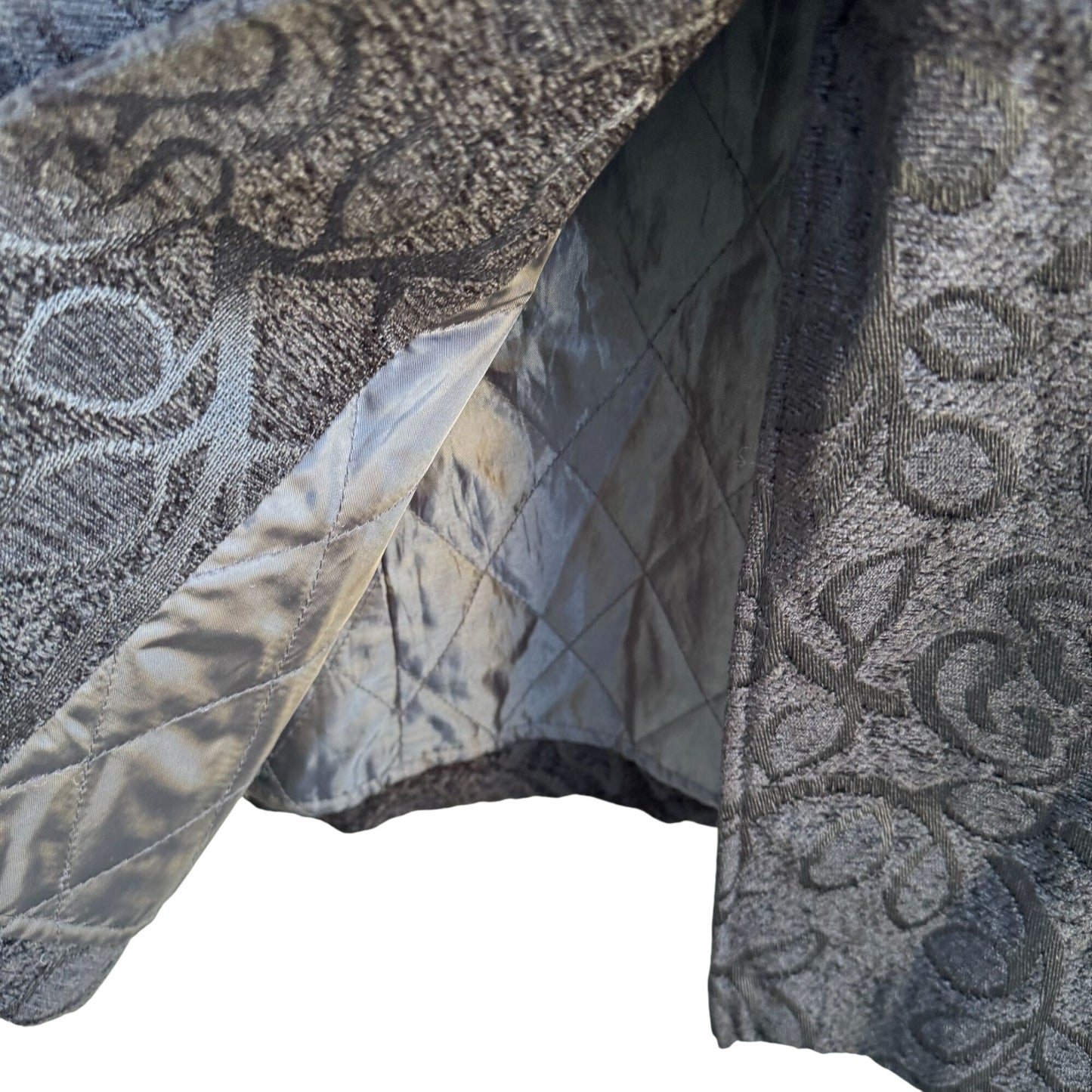 Giacca Womens Black Brocade Floral Tapestry Long Coat Jacket L Elegant Regency