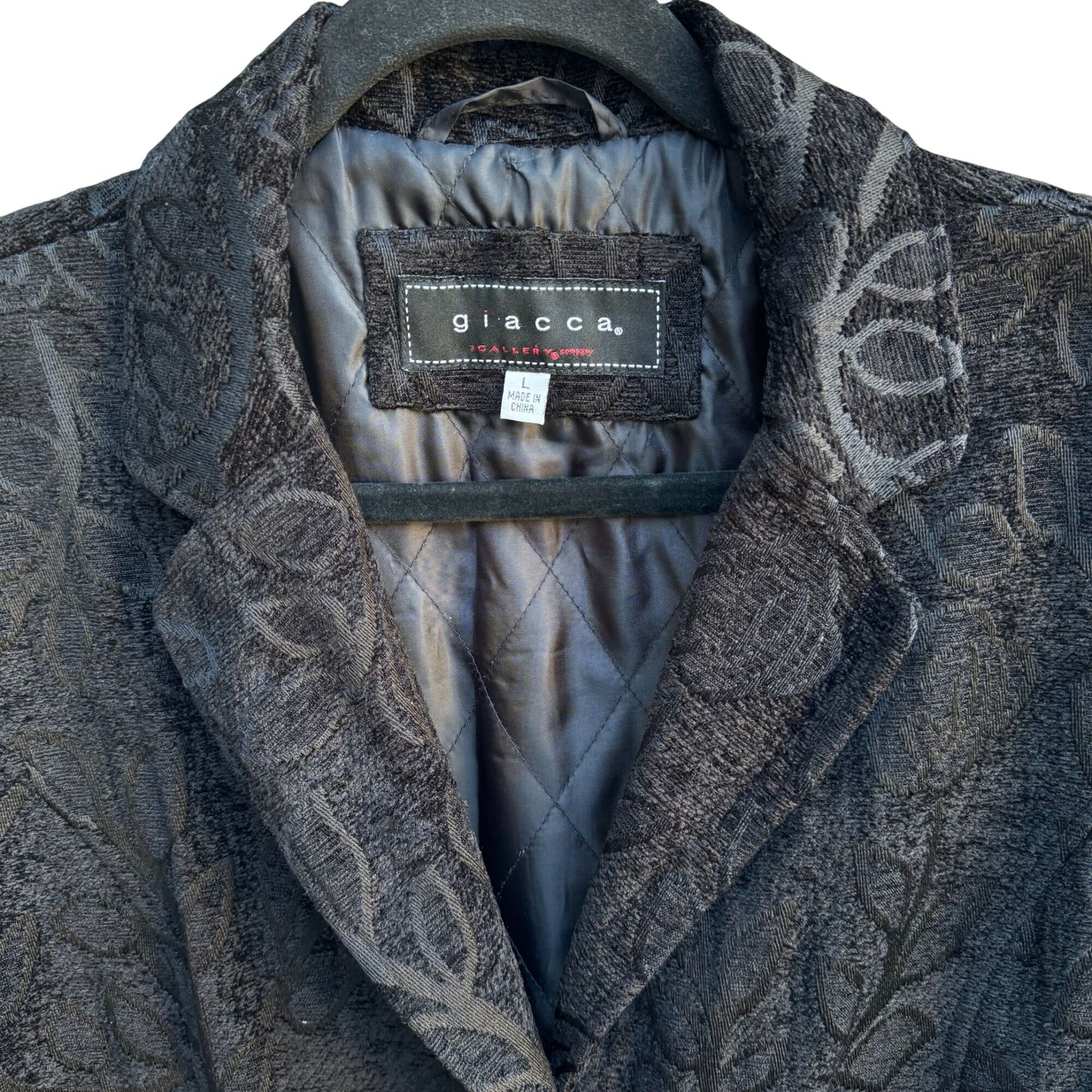 Giacca Womens Black Brocade Floral Tapestry Long Coat Jacket L Elegant Regency