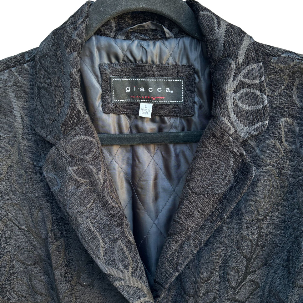 Giacca Womens Black Brocade Floral Tapestry Long Coat Jacket L Elegant Regency