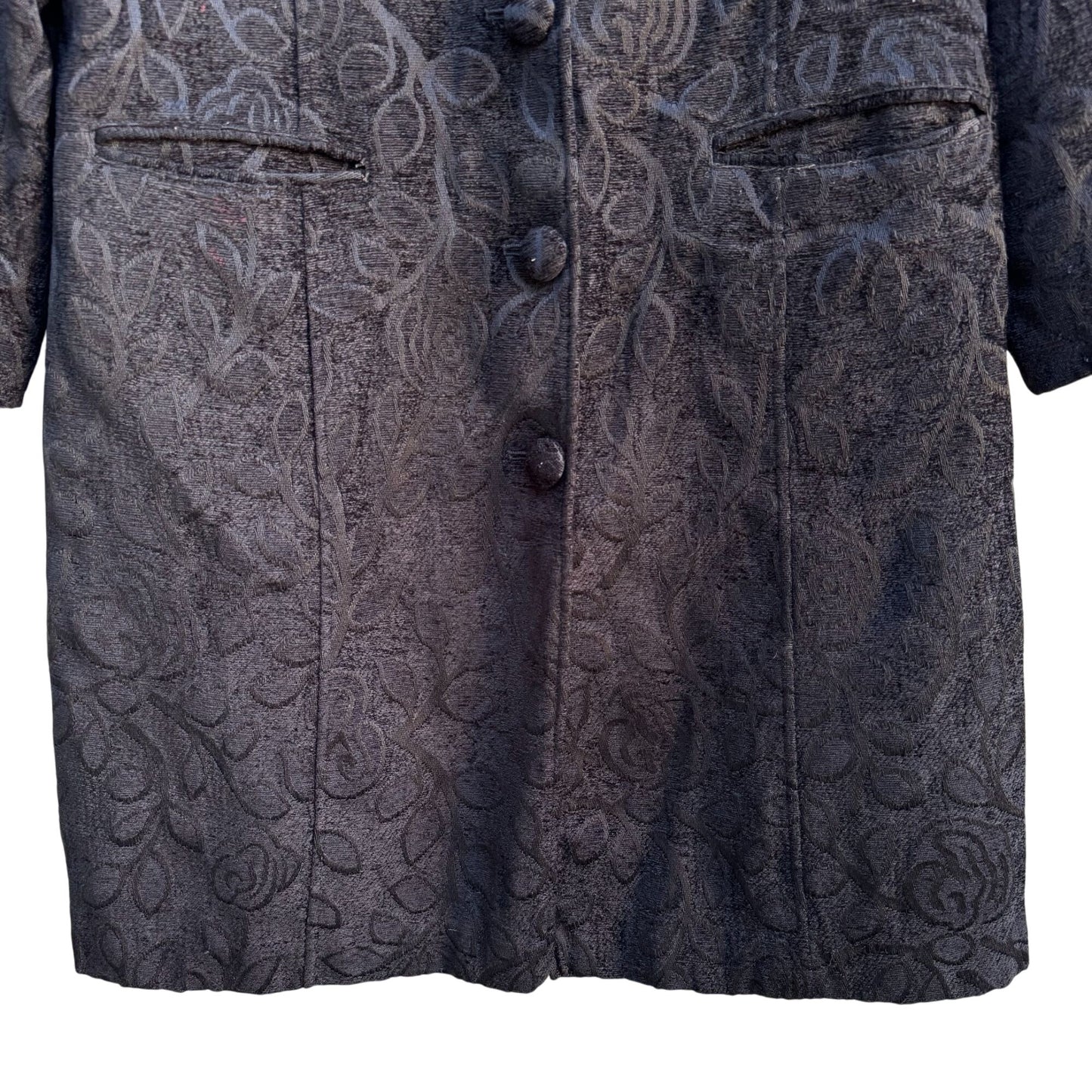 Giacca Womens Black Brocade Floral Tapestry Long Coat Jacket L Elegant Regency