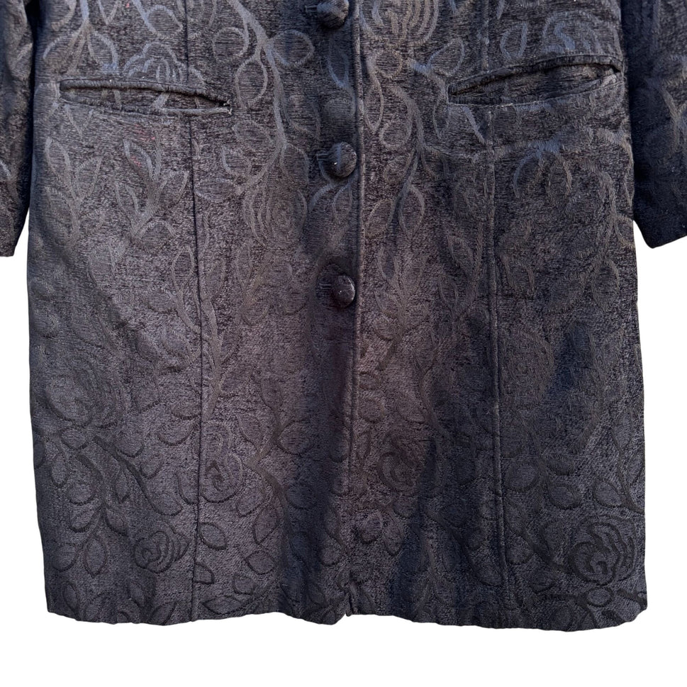 Giacca Womens Black Brocade Floral Tapestry Long Coat Jacket L Elegant Regency