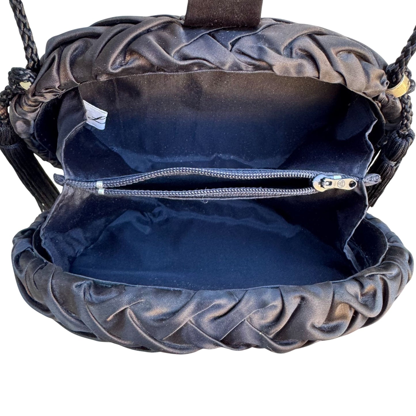 La Regale Handmade Black Woven Crossbody Clamshell Evening Bag Tassels Gold Snap