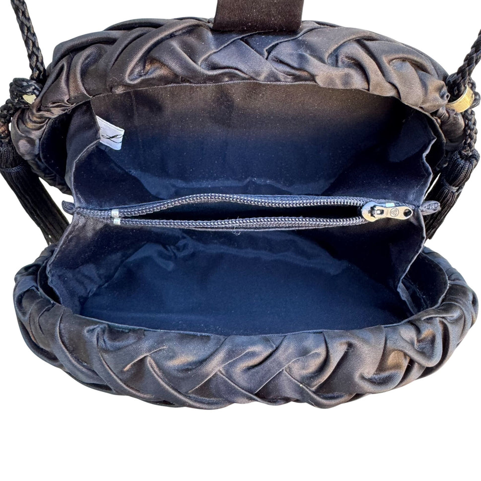 La Regale Handmade Black Woven Crossbody Clamshell Evening Bag Tassels Gold Snap