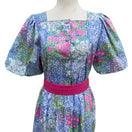 Switch Petites by Willi Vintage Floral Puff Sleeve Midi Dress Blue Pink Size 4 USA Made 3 image