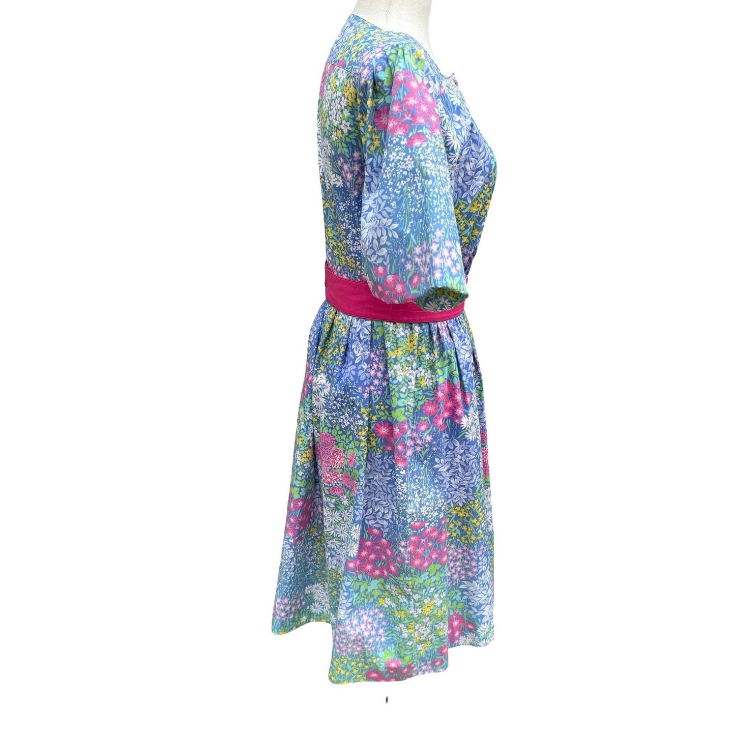 Petites by Willi Vintage Floral Puff Sleeve Midi Dress Blue Pink Size 4 USA Made