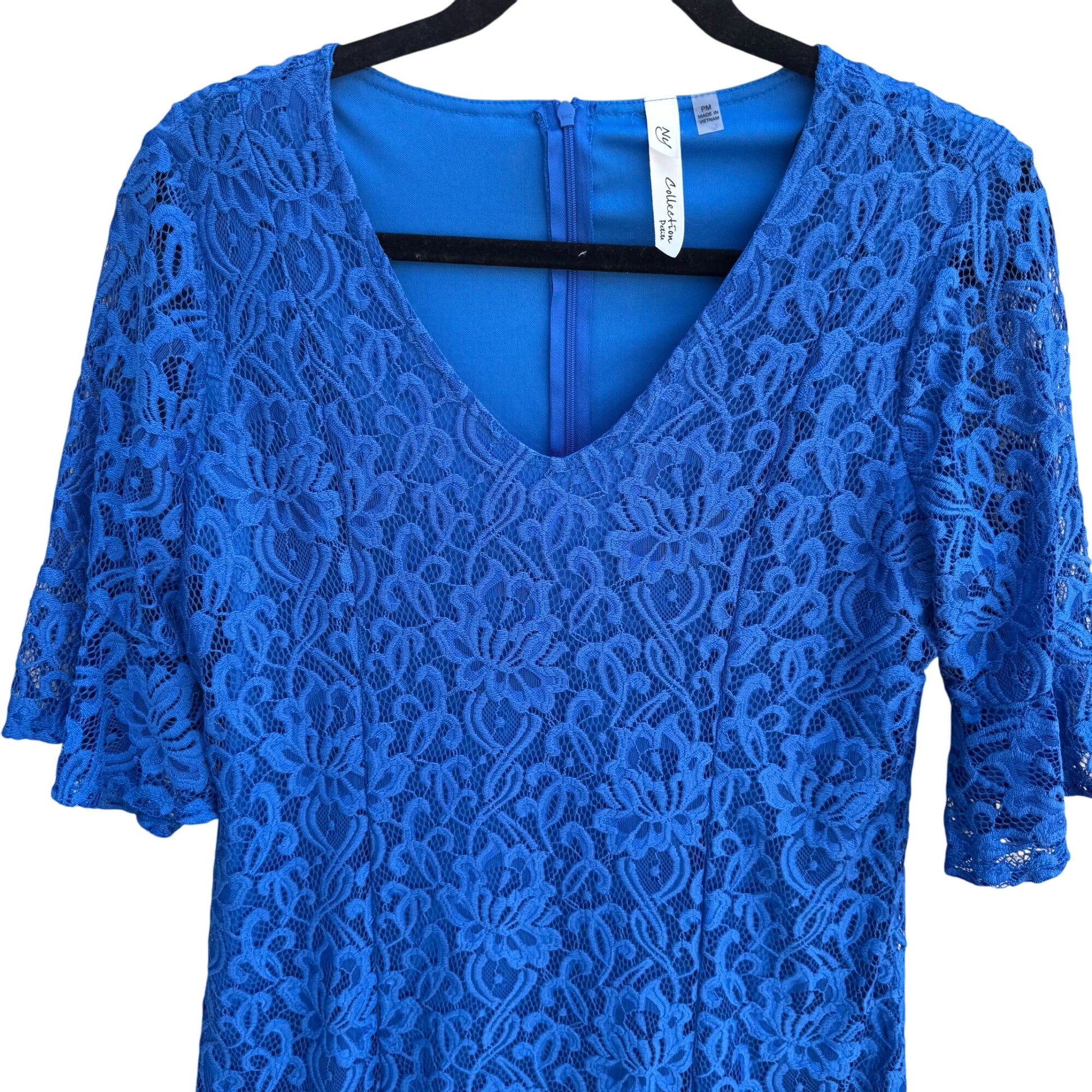 NY Collection Boho Lace Royal Blue Bell Sleeve V-Neck Flutter Hem Lined Dress PM