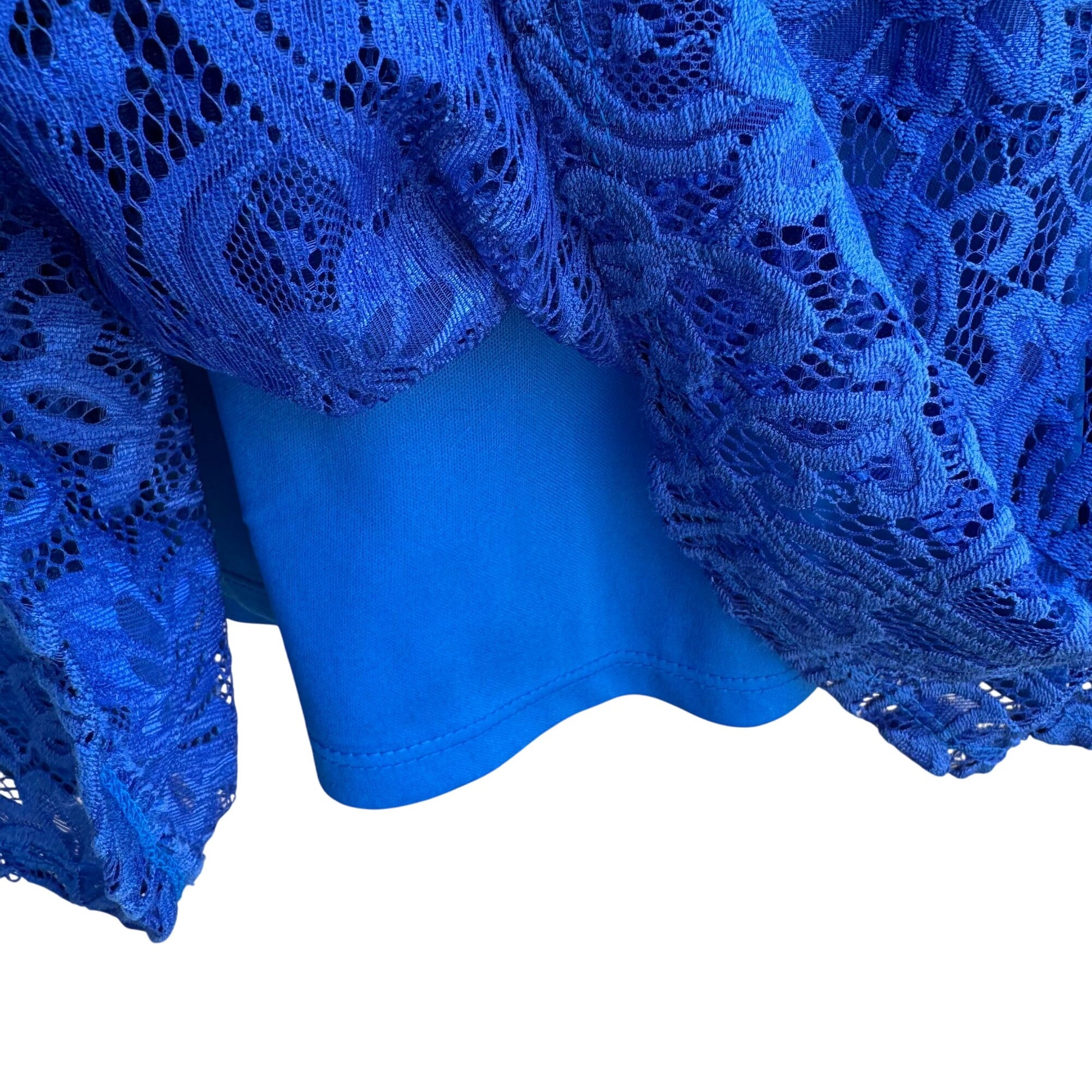 NY Collection Boho Lace Royal Blue Bell Sleeve V-Neck Flutter Hem Lined Dress PM