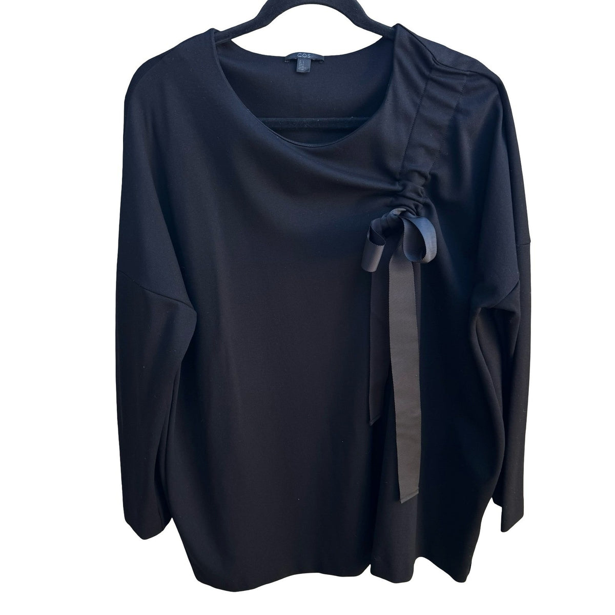 COS Bow Accent Minimalist Ponte Knit Quiet Luxury Oversized Blouse Black Women L