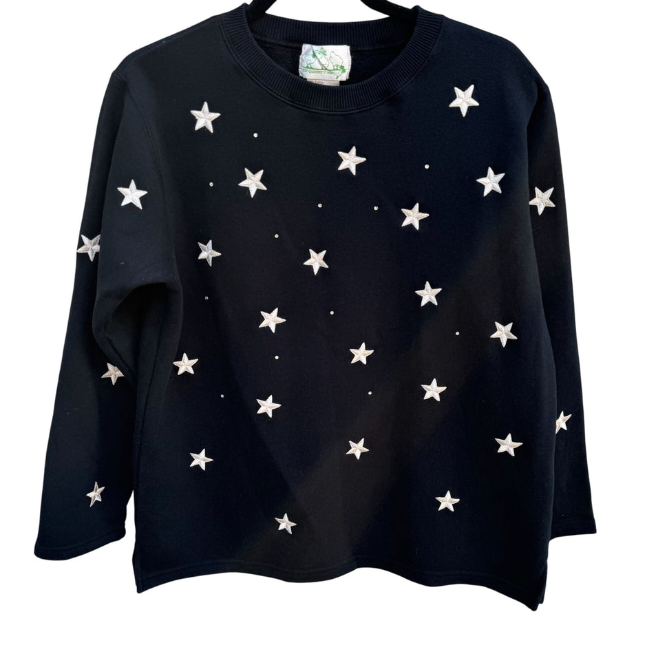 The Quacker Factory Black Star Embroidered Rhinestone Long Sleeve Sweatshirt S