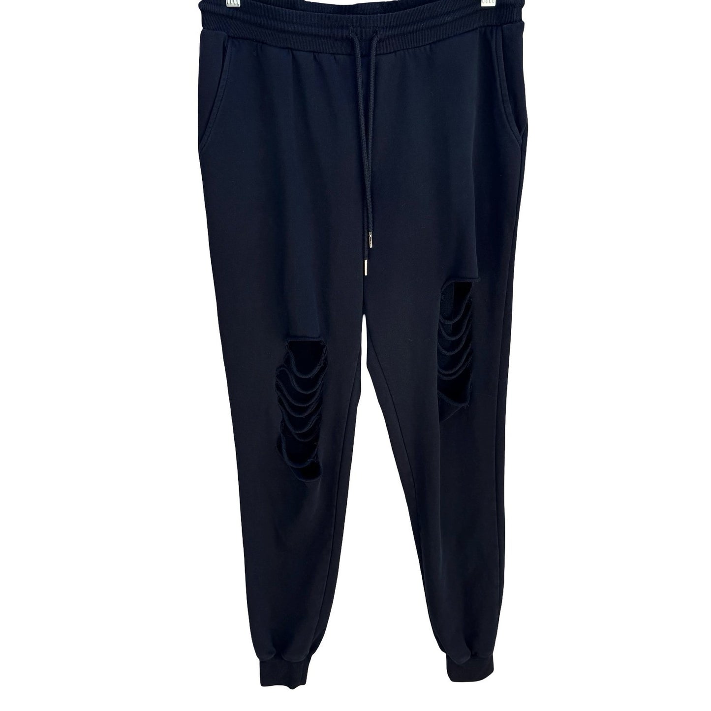 Distressed Thrashed Ripped Jogger Sweatpants Streetwear Edgy Grunge Black Mens L