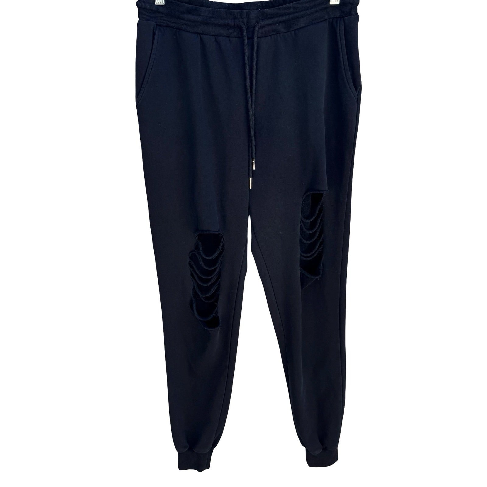Distressed Thrashed Ripped Jogger Sweatpants Streetwear Edgy Grunge Black Mens L