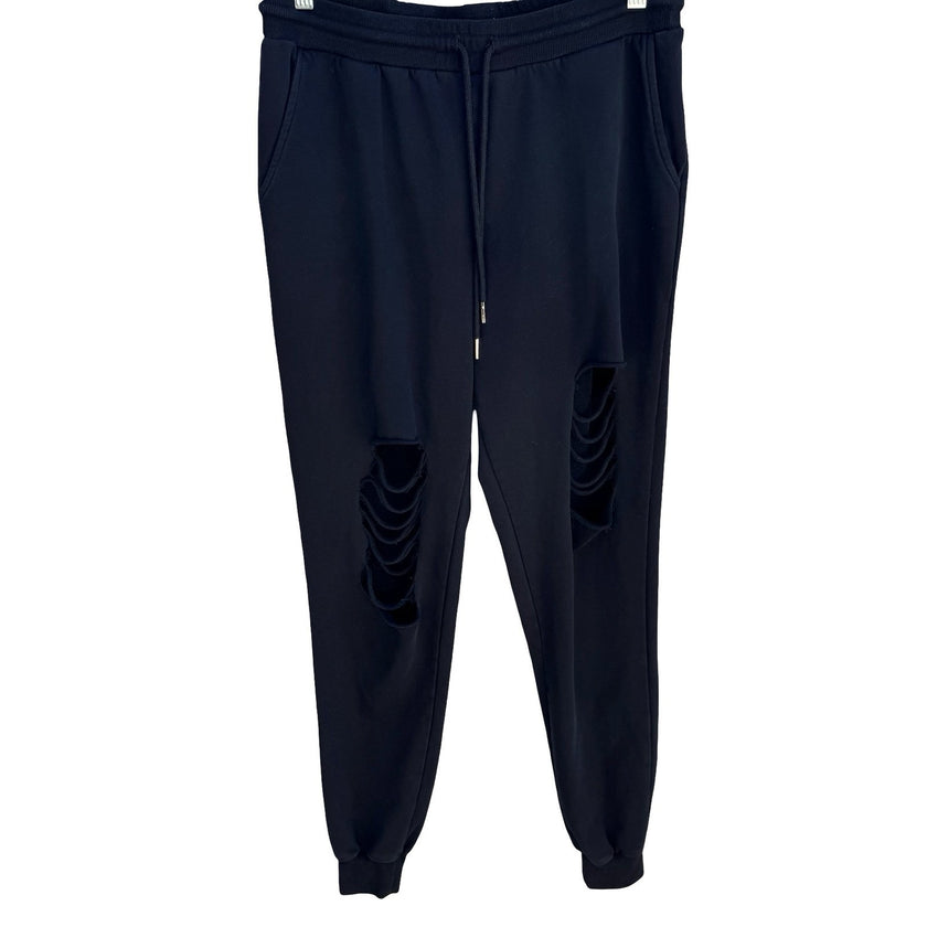 Distressed Thrashed Ripped Jogger Sweatpants Streetwear Edgy Grunge Black Mens L