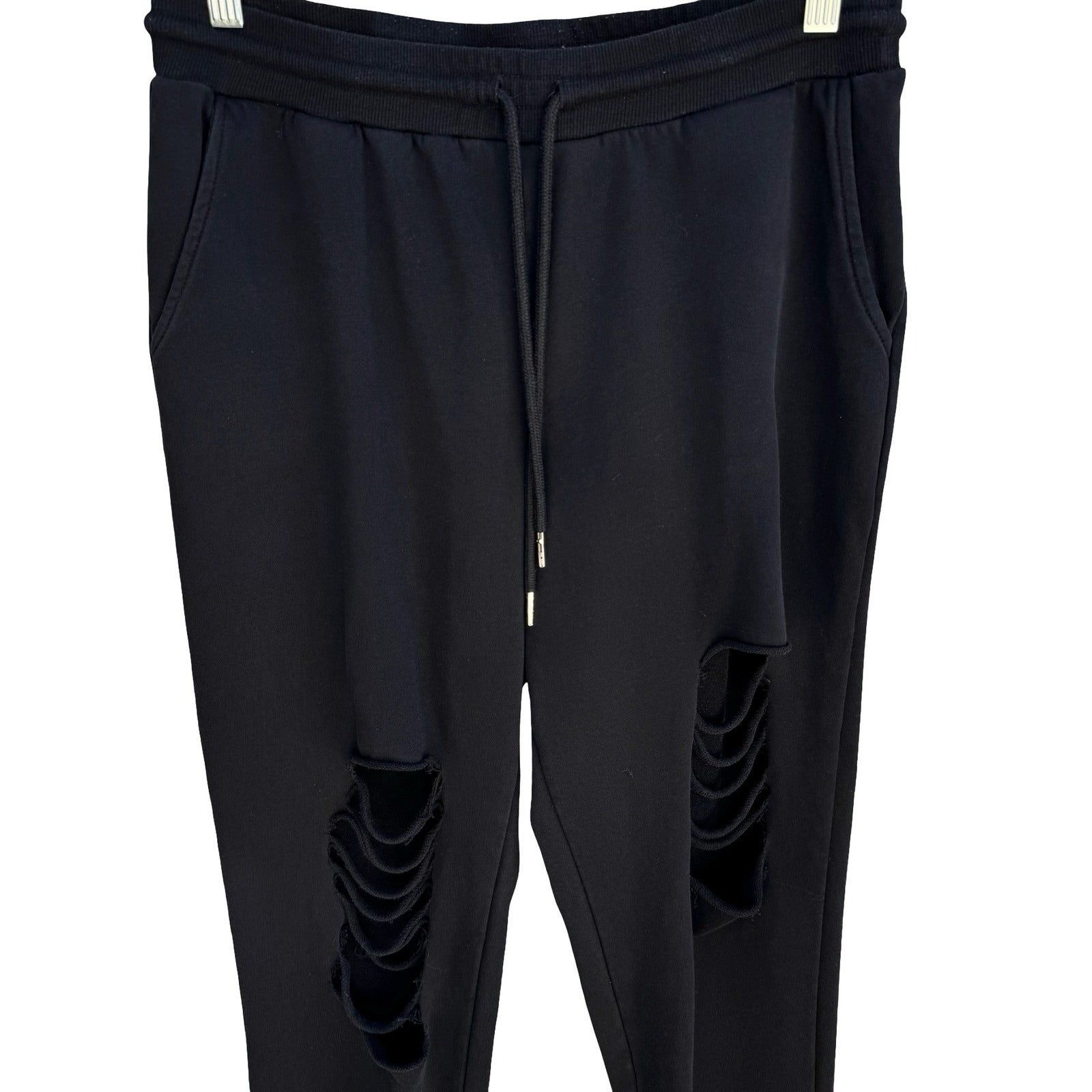 Distressed Thrashed Ripped Jogger Sweatpants Streetwear Edgy Grunge Black Mens L