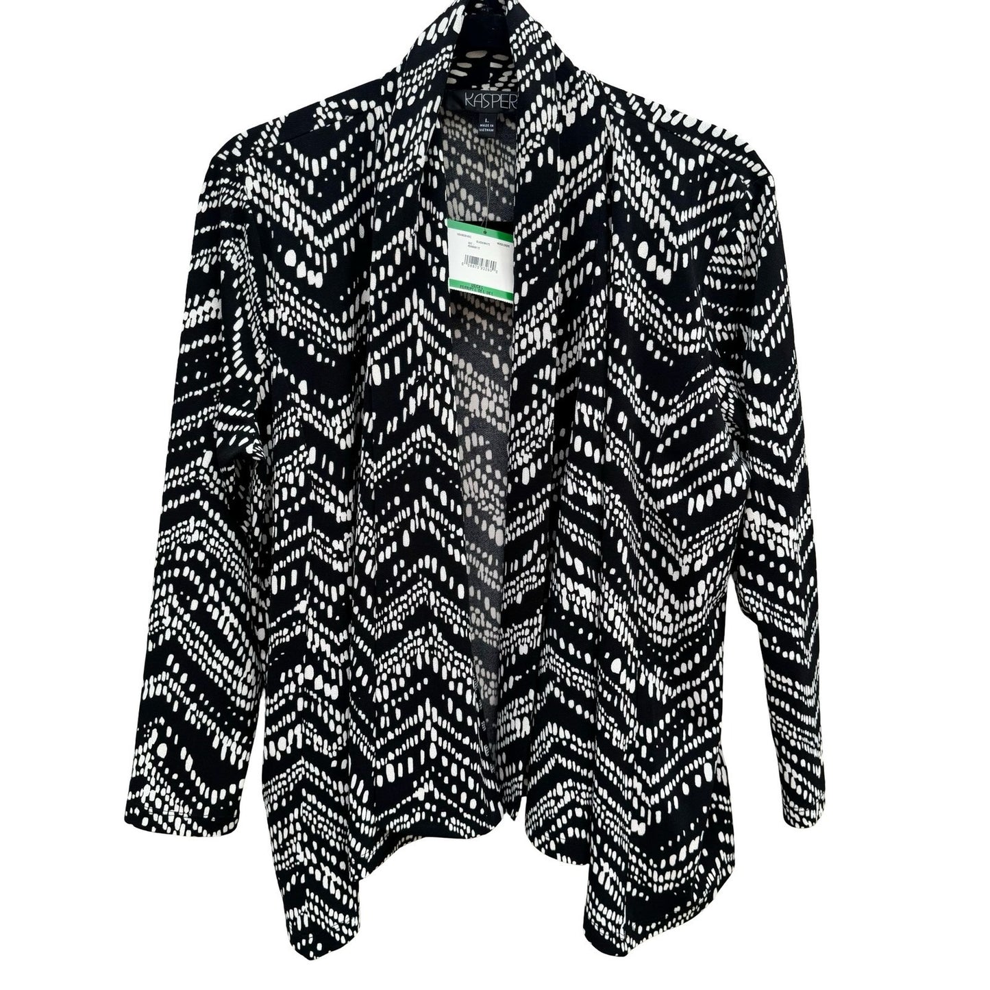 Kasper Womens Black White Chevron Moss Crepe Open Front Cardigan Size L NEW Mod