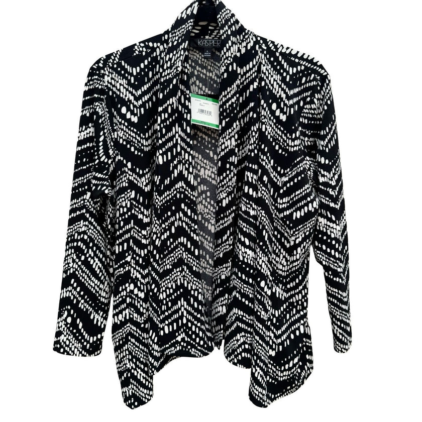 Kasper Womens Black White Chevron Moss Crepe Open Front Cardigan Size L NEW Mod