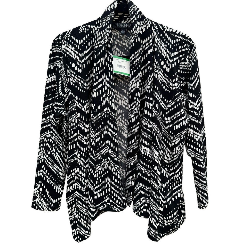 Kasper Womens Black White Chevron Moss Crepe Open Front Cardigan Size L NEW Mod