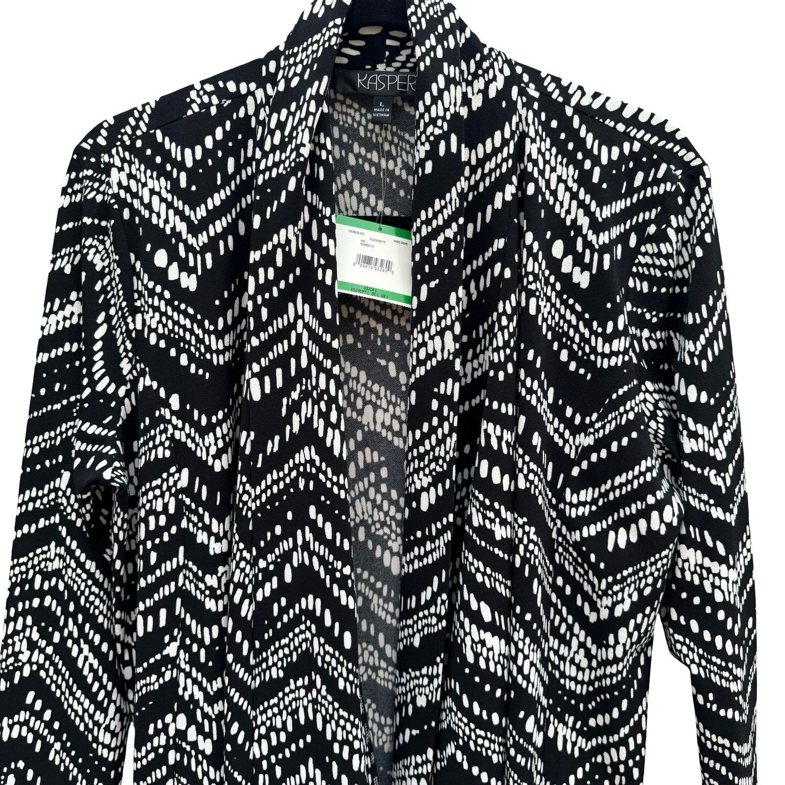 Kasper Womens Black White Chevron Moss Crepe Open Front Cardigan Size L NEW Mod